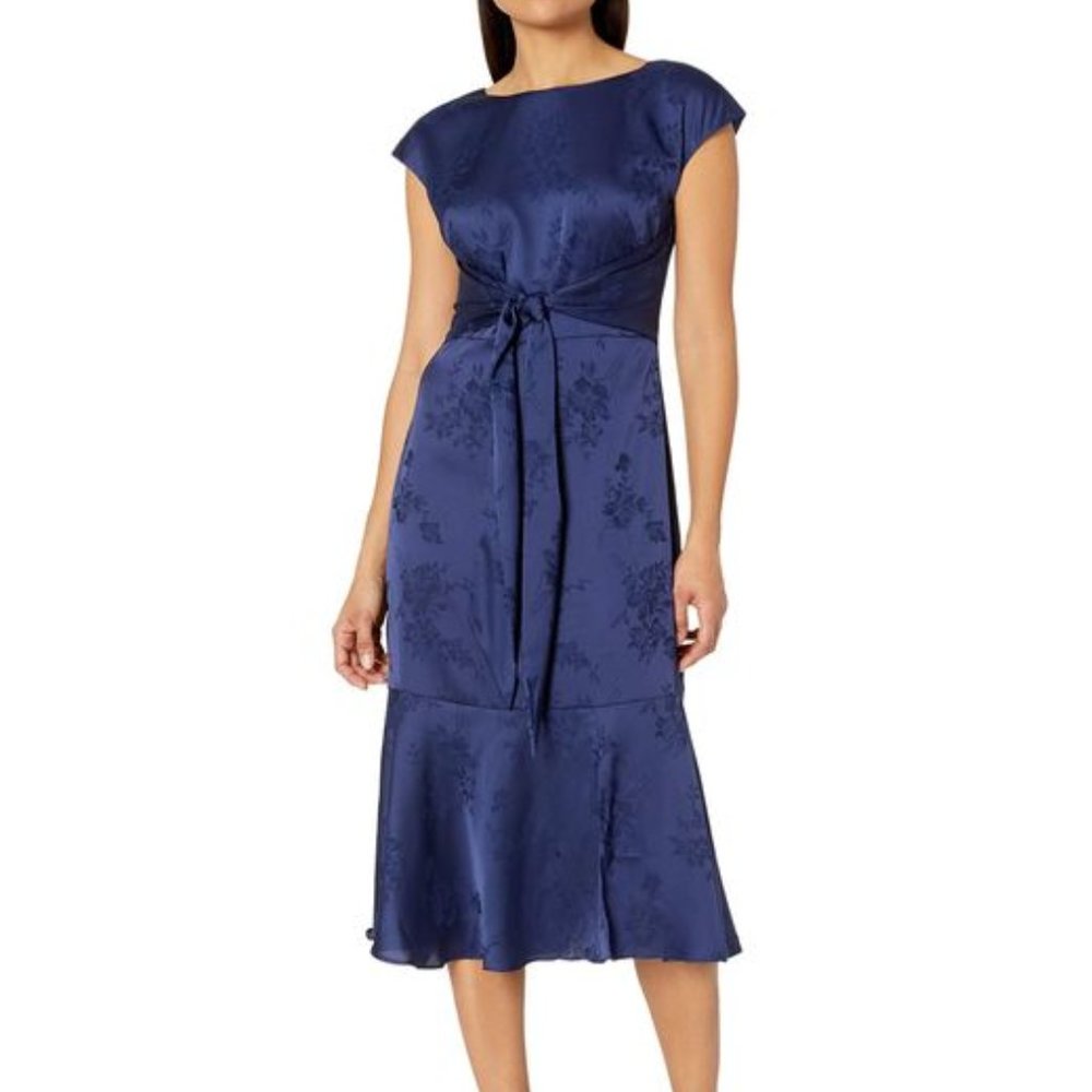 NWT Adrianna Papell Navy Floral Satin Midi Dress
